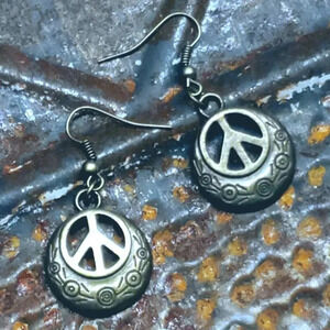 Carved Peace Sign Bronze Antique Brass Stylized Dangle Earrings